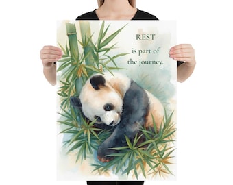 Panda Watercolor Art Print, Bamboo Botanical Poster, Mindfulness Quote