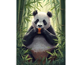 Panda Drinking Tea Wall Art, Bamboo Forest Animal Poster