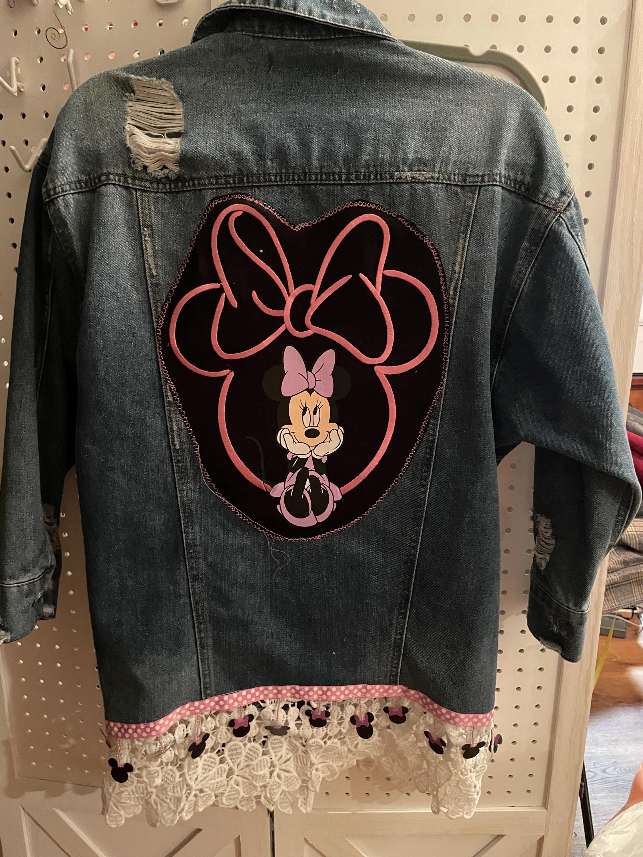 Denim upcycled jacket with Minnie mouse applique, buttons, lace and ribbon