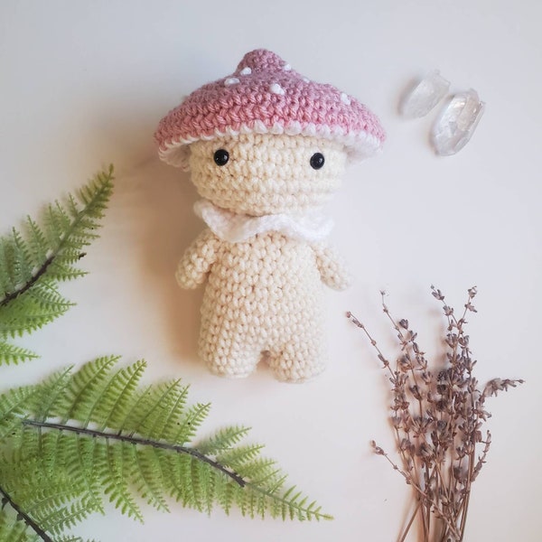 Cute Hand-Crocheted Mushroom Person - Mushroom Decor -  Crochet Mushroom - Cute Pink Decor - Valentines Decor - Valentines Day Mushroom