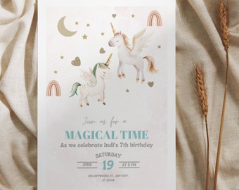 Invito di compleanno unicorno magico, invito personalizzato per ragazze, tema festa di compleanno unicorni, biglietto di compleanno modificabile, unicorno compleanno ragazza