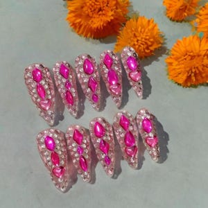 Pink Crystal Stiletto Press On Nails: Luxury Gem Nail Art