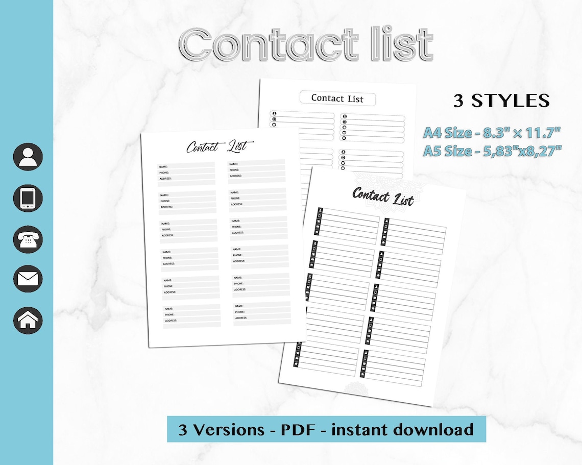 Contacts Page Printable Contact Sheet Address Book Business Etsy UK