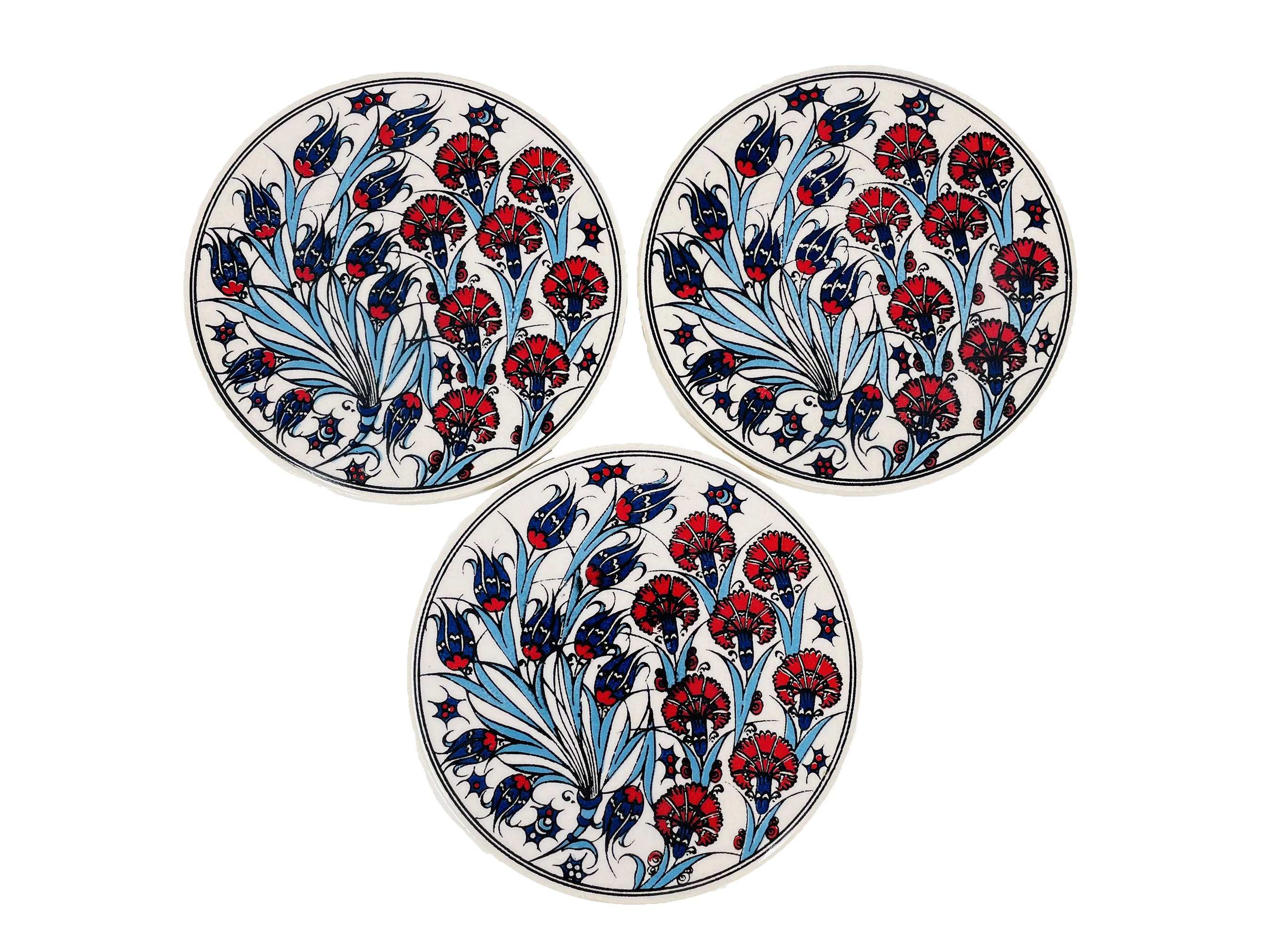 3.5" ensemble de 3 sous-verres en céramique faits à la main turcs grand sous-verre floral dessous plat"