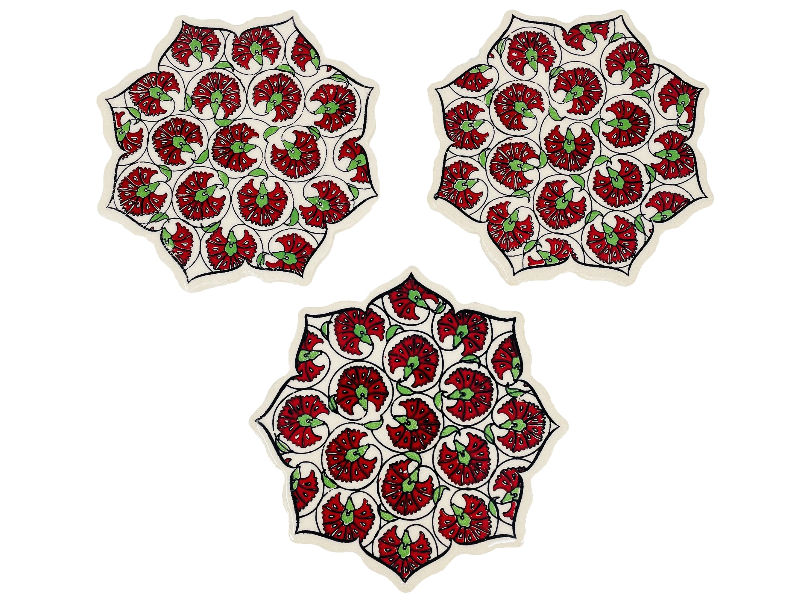 4" turc fait à la main 3 pièces en céramique sous-verre ensemble grand floral dessous de plat"