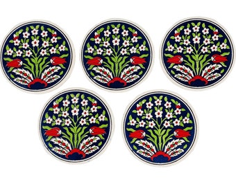 3.5" Turkish Handmade 5 Piece Ceramic Coaster Set Large Floral Coaster Large Trivet