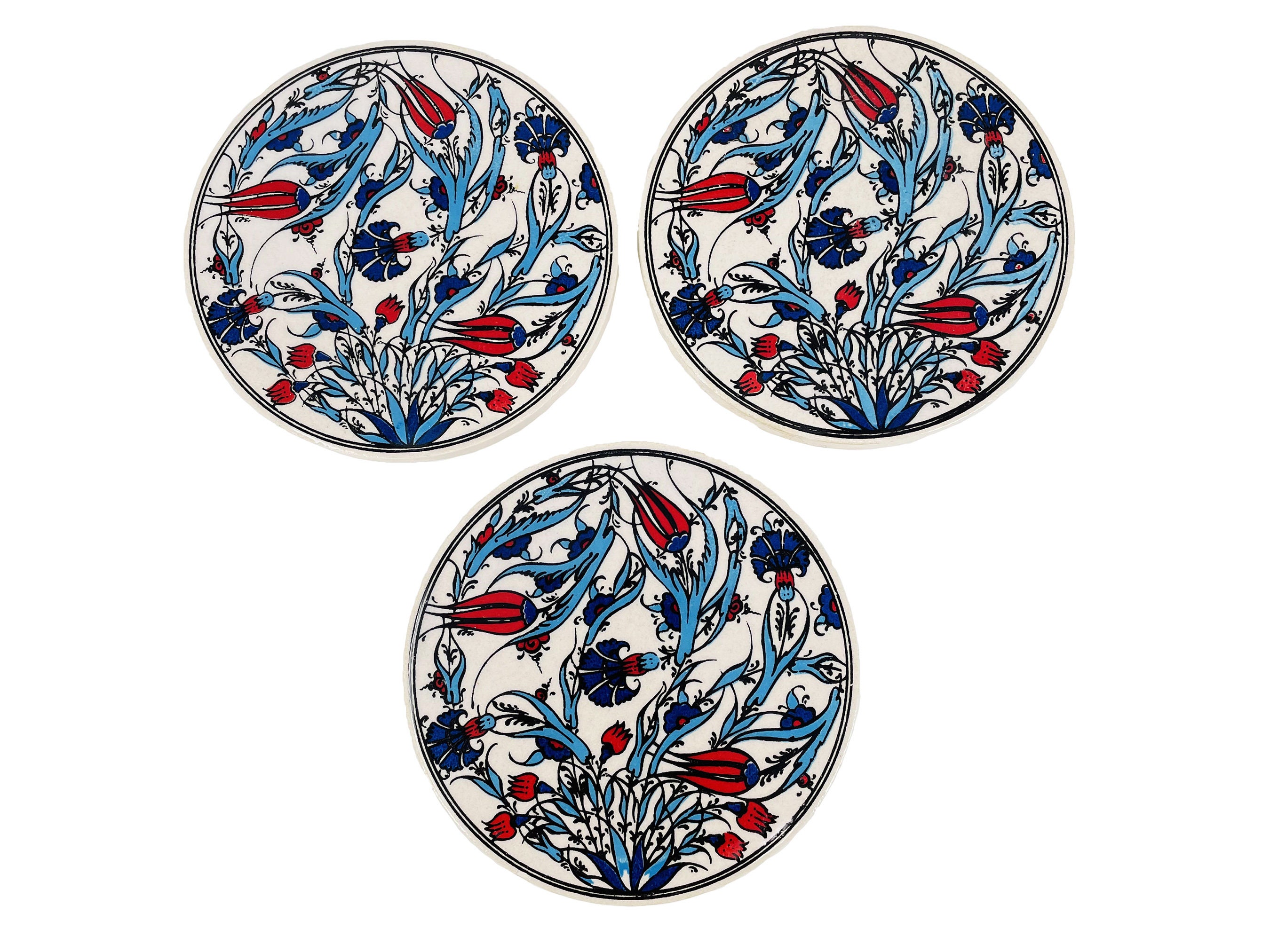 3.5" ensemble de 3 sous-verres en céramique faits à la main turcs grand sous-verre floral dessous plat"