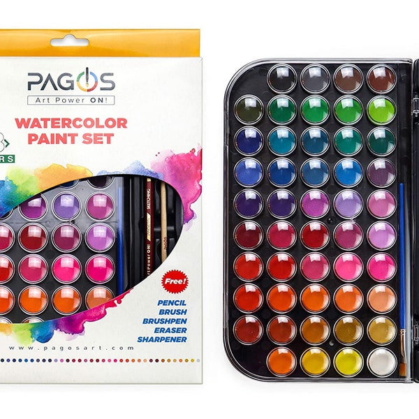 Pagos 48 Colors Watercolor Paint Set – with Brush, Pencil, Refillable Brush, Palette - 48 Colours Portable Painting Kit