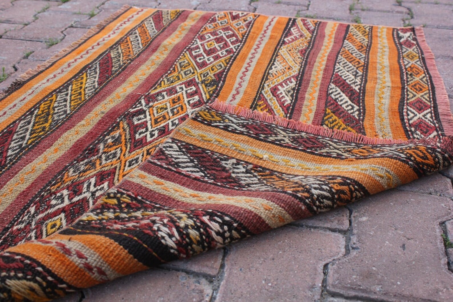 Orange Rug Kilim Multi Color Kilim Antique Kilim 3x3 ft Etsy