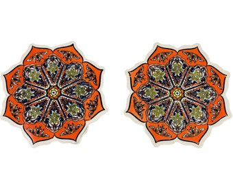 4" Turkish Handmade 2 Pieces Ceramic Coaster Set Large Floral Coaster Large Trivet