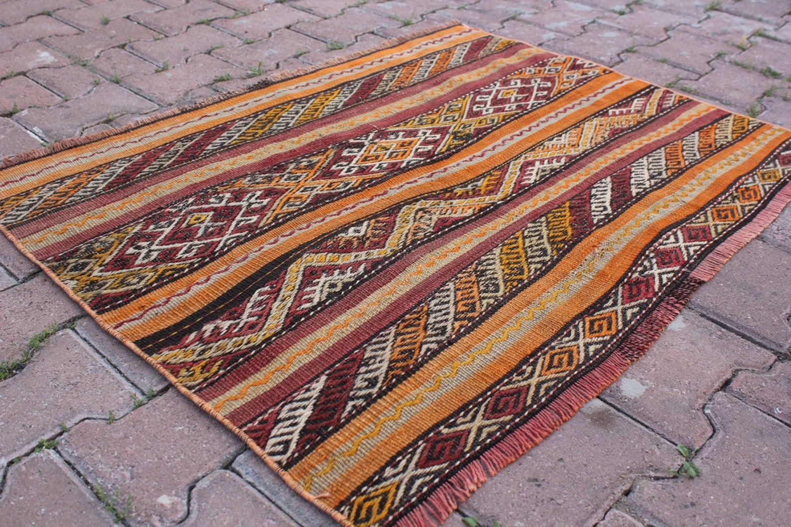 Orange Rug Kilim Multi Color Kilim Antique Kilim 3x3 ft Etsy