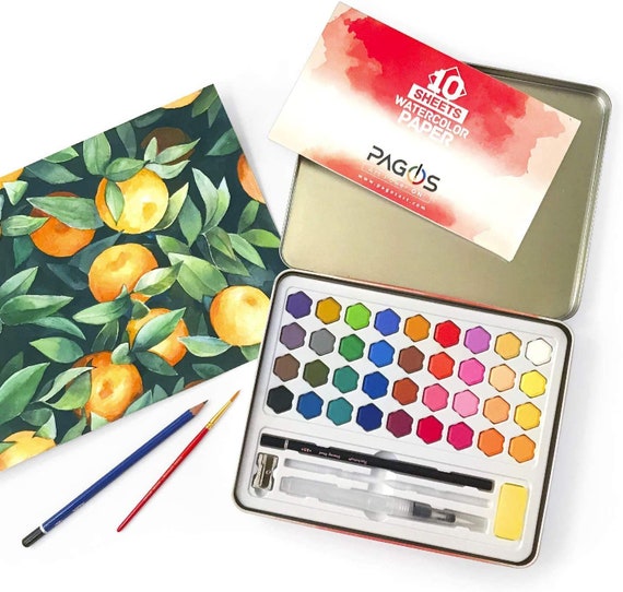 PAGOS Watercolor Paint Set – Art Kit of 36 Vivid Colors w 10 Sheets Water  Color Paper – Refillable Brush Sponge Drawing Pencil, Brush, Gift Set for