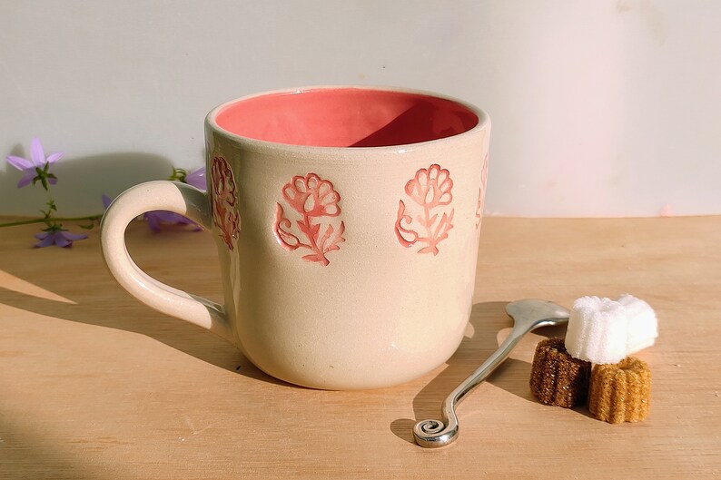Ceramic mug second with hand-stamped design and clear stoneware glaze on wheelthrown pottery handmade in the UK, gift, kitchenware image 2