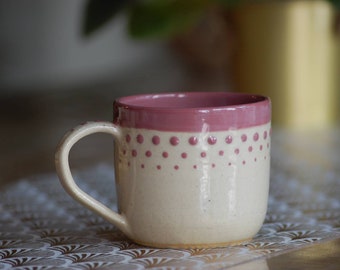 Ceramic mug with purple dots, clear stoneware glaze on wheelthrown pottery handmade in the UK, gift, interior decor, kitchenware