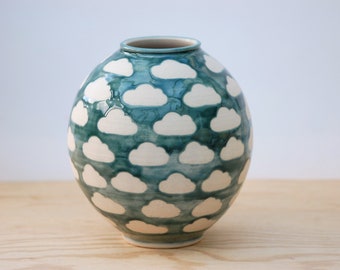 Large ceramic vase with a beautiful green  glaze and cloud pattern on wheelthrown pottery handmade in the UK, gift for her, interior decor