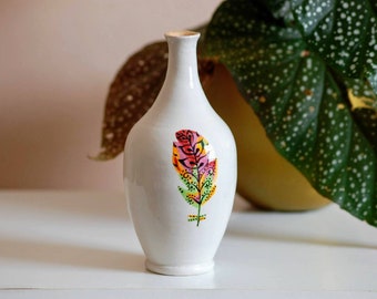 Feather ceramic narrow neck vase, handpainted handmade pottery, colourful soliflore