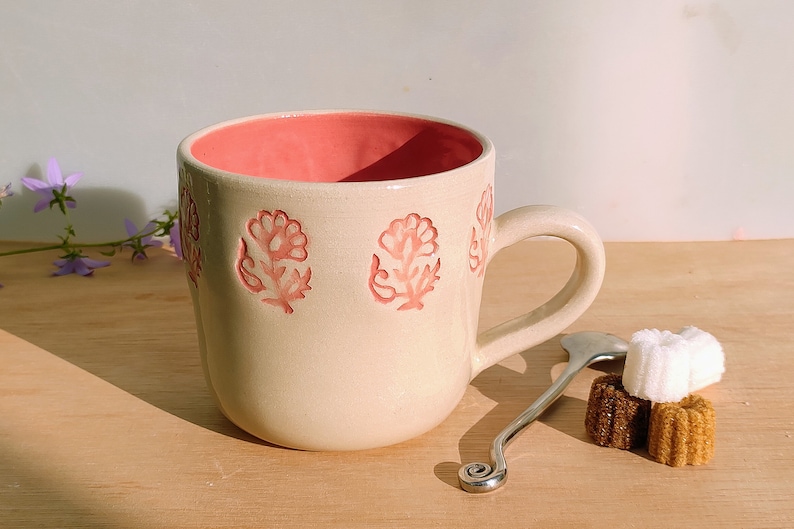 Ceramic mug second with hand-stamped design and clear stoneware glaze on wheelthrown pottery handmade in the UK, gift, kitchenware image 1