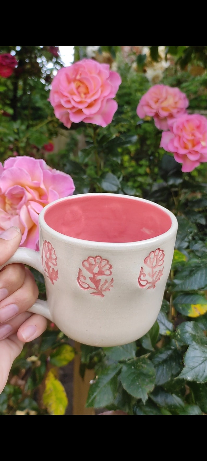 Ceramic mug second with hand-stamped design and clear stoneware glaze on wheelthrown pottery handmade in the UK, gift, kitchenware image 3