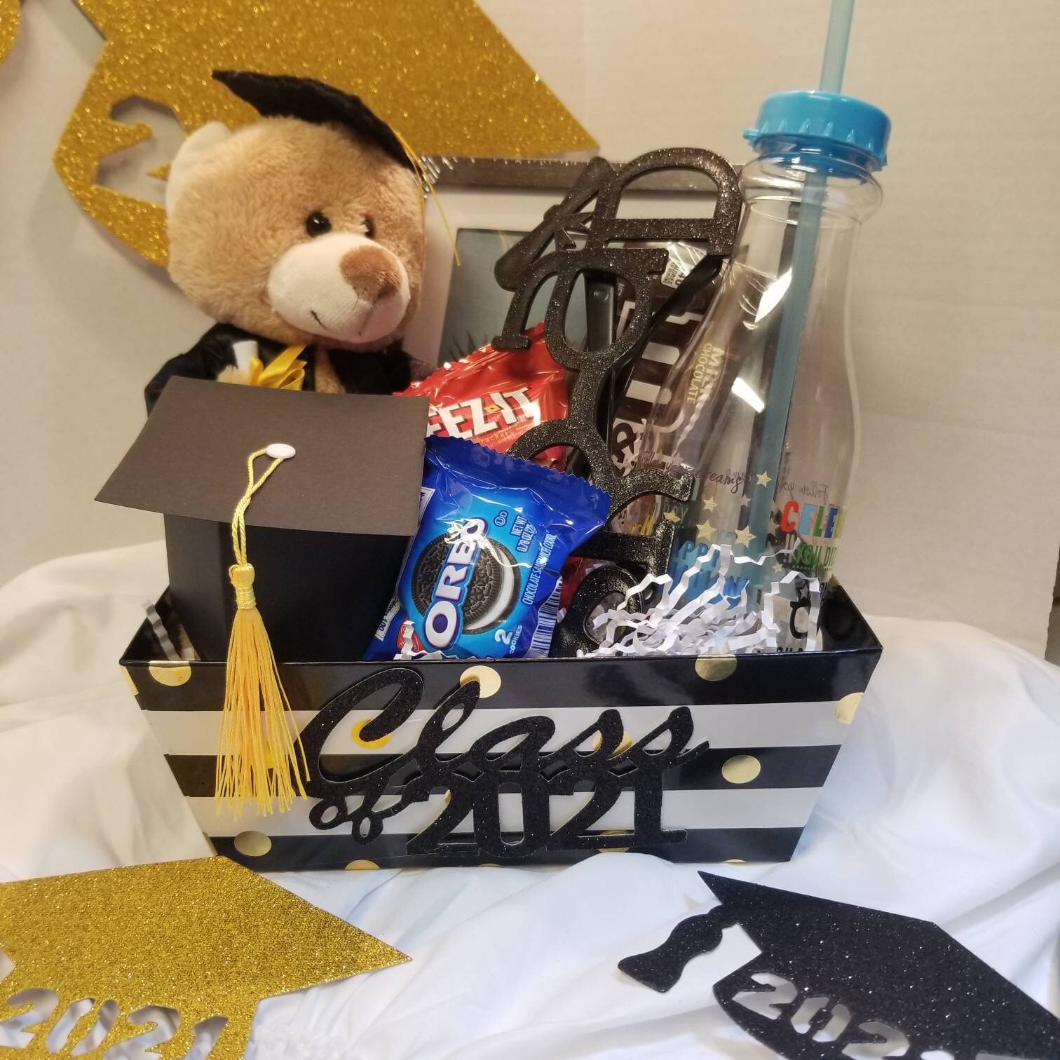 Graduation Gift, Graduation Gift Basket, Graduation Gift for  Graduation Gift Basket for Her - Black & White Tote with Teddy Bear main image 0