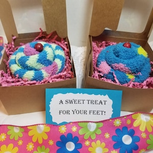 Fuzzy sock cupcake,bridal shower favors, happy birthday sock gift, valentine socks, baby shower favor,  get well sock, cancer gift, surgery