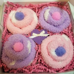 Birthday sock gift, Fuzzy sock cupcakes, valentine cupcakes, get well, teacher gift, cancer, foot surgery, Christmas cupcake socks