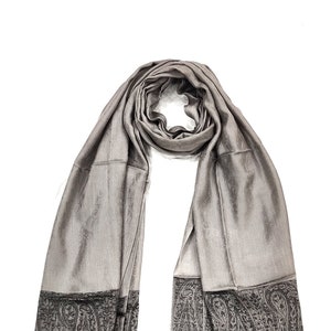 Soft Reversible Pashmina Shawl - Grey/Black Floral Jacquard Scarf - Elegant Paisley Wrap for Evening Dresses, Weddings & Event Shawl for Her