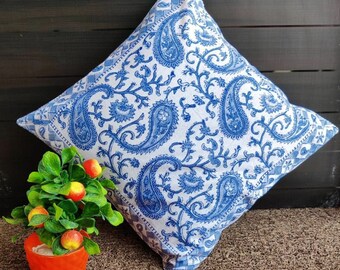Indigo Paisley Cushion Cover Set: Block Printed Cotton Linen (45x45 Cms)