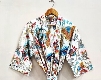 Kimono Robe, Dressing Gown, Vintage style, Floral Cream, Indian design Hand Block Printed Beach Robes