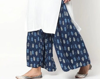 Indigo Hand Block Printed Palazzo Pants: Floral Rayon Trousers with Pockets