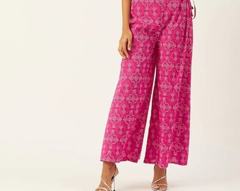 Pink Baggy Pants- Bandhani Printed Cotton Palazzo Pants, Handmade Indian Wide Leg Pant, Printed Relaxed High Waist Yoga Pant, Gift for Her