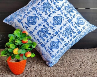 Indigo Block Printed Cushion Cover Set: Floral Elephant Design
