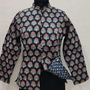 Black Paisley Quilted Jacket: Reversible Block Print Cotton Coat
