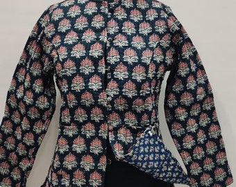 Black Paisley Quilted Jacket: Reversible Block Print Cotton Coat