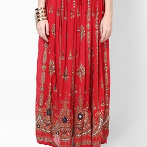 Indian Ethnic Red Embroidered Boho Maxi Cotton Long Skirt, Indian Skirts for Women & Girls, Vintage Cotton Embroidered Rajasthani Skirts