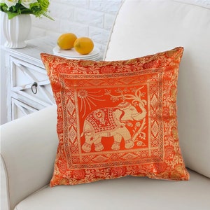 Indian Decorative Brocade Banarasi Silk Animal Print Cushion Cover Square Throw Pillowcases for Sofa Home Décor Ethnic Pillow Cover 16X16&quot;