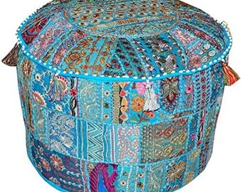 Blue Bohemian Pouf Ottoman: Embroidered Indian Floor Pillow Cover (12x22x14 Inches)