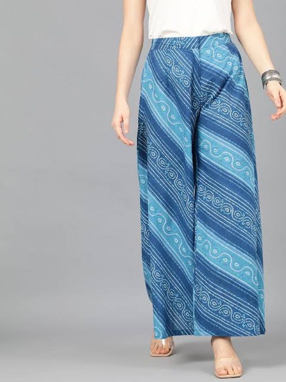 Foil Printed Cotton Palazzo in Teal Blue : BTC518