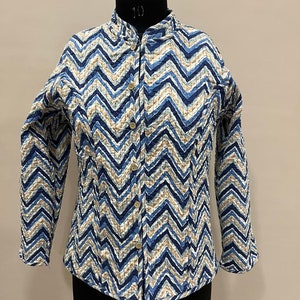 Blue Cotton Quilted Jacket: Handblock Print Boho Style