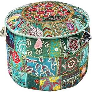 Vintage Indian Patchwork Pouf: Handmade Cotton Ottoman Footstool