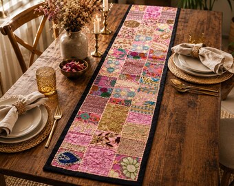 Vintage Patchwork Table Runner | Handmade Indian Kantha Table Runner | Boho Farmhouse Dining Table Decor | Quilted Cotton Table Runner |