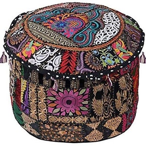 Vintage Boho Patchwork Ottoman Pouf Cover: Hand-Embroidered Floor Cushion