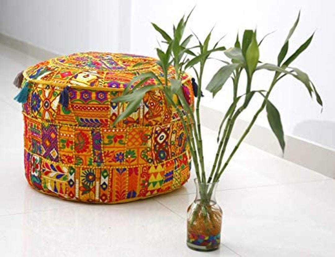 Yellow Indian Vintage Multi Patchwork Round Ottoman Cover Pouf, Ethnic ...