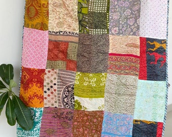 Handmade Kantha Stitch Silk Dupatta: Embroidered Patchwork Shawl