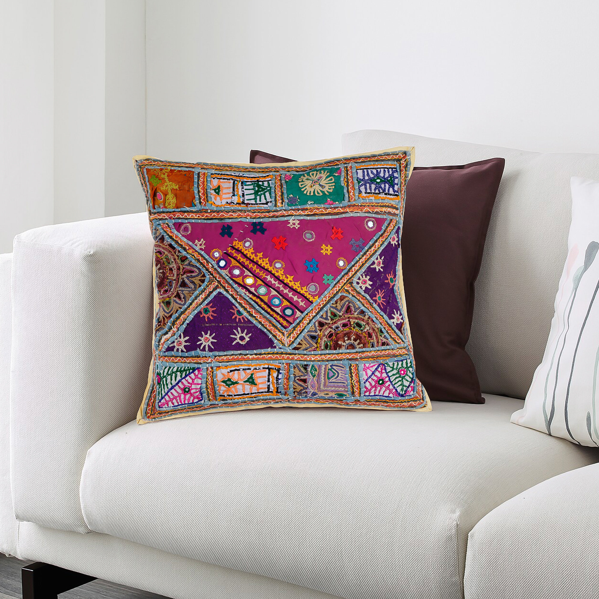 Handmade Patchwork Pillow Cover: Indian Sari Embroidered