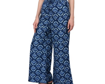 Women's Regular Fit Cotton Indigo Printed Palazzo,Wide Leg Palazzo Pant,Indian Hand Block Printed Yoga Pants,Comfortable Cotton Loose Pajama