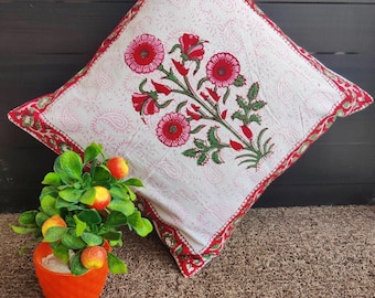 Indigo Floral Print Cushion Cover: Block Printed Cotton Pillow