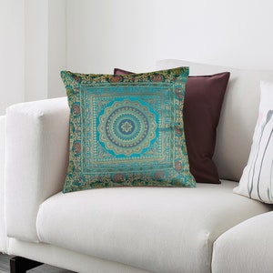 Handmade Silk Cushion Cover, Indian Ethnic Brocade Banarasi Silk Mandala Cover Square for Couch Sofa Berber Pillowcase, Home Décor Pillow