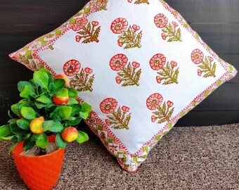 Indigo Floral Print Cushion Cover: Handmade Block Printed Cotton