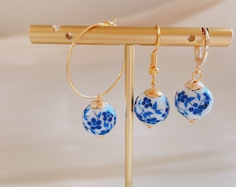 Blue White Floral Porcelain Earrings, Gold hoop earrings, Ceramic earrings, Huggie Earrings, Small Hoop Earring, Flower earrings