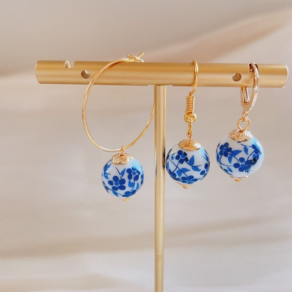 Blue White Floral Porcelain Earrings, Gold hoop earrings, Ceramic earrings, Huggie Earrings, Small Hoop Earring, Flower earrings